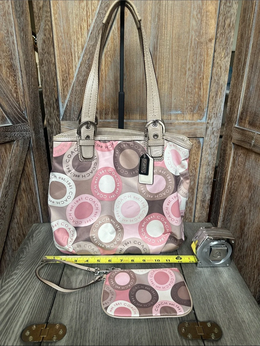 Coach Vintage Soho Snaphead Pink & Taupe Shoulder Tote Matching Wristlet RARE - Picture 14 of 16